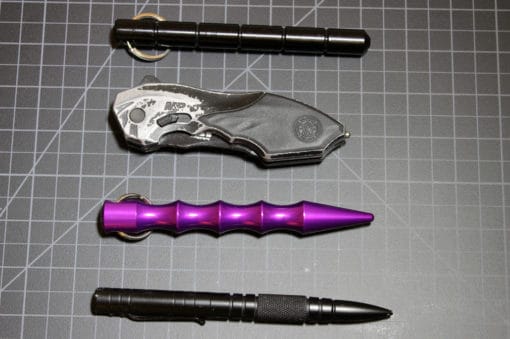 Folding knife, kubaton, and tactical pen.